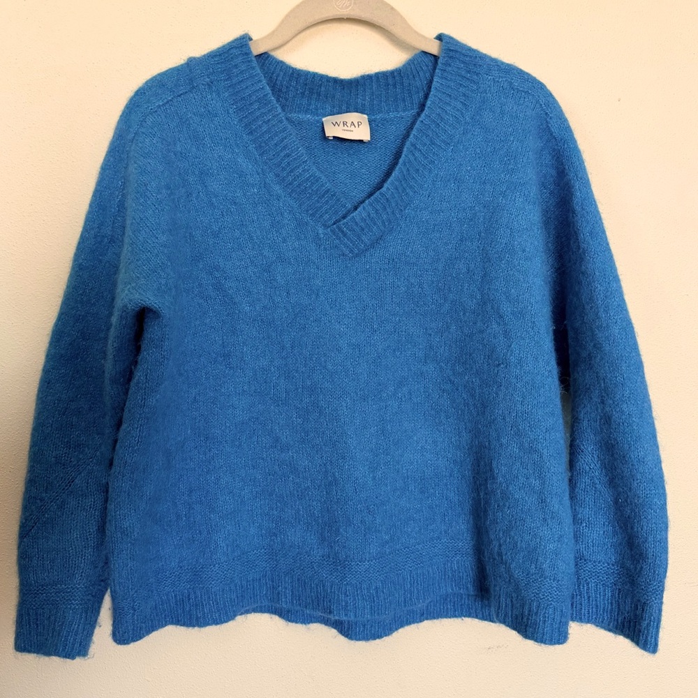 👗🗽WRAP London alpaca/merino wool/poly blend blue/teal size 14 us fits like M/L